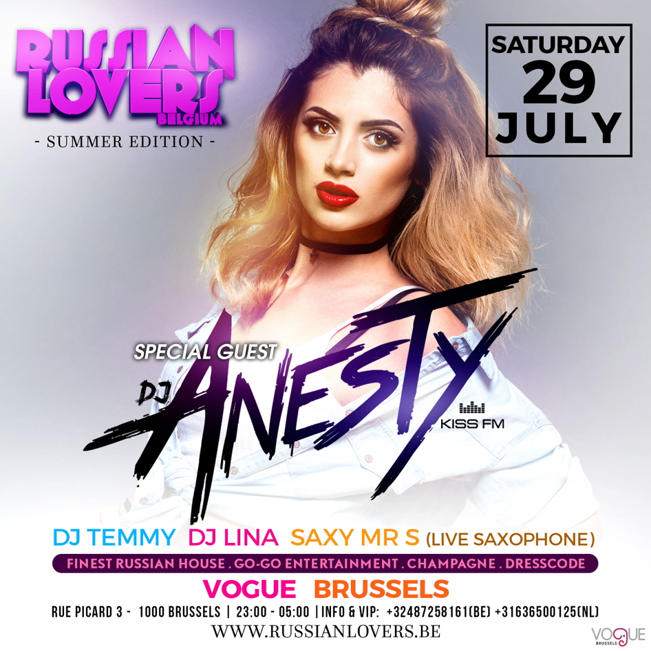 Affiche. Russian Lovers Belgium. Special guest DJane Anesty. 2017-07-29
